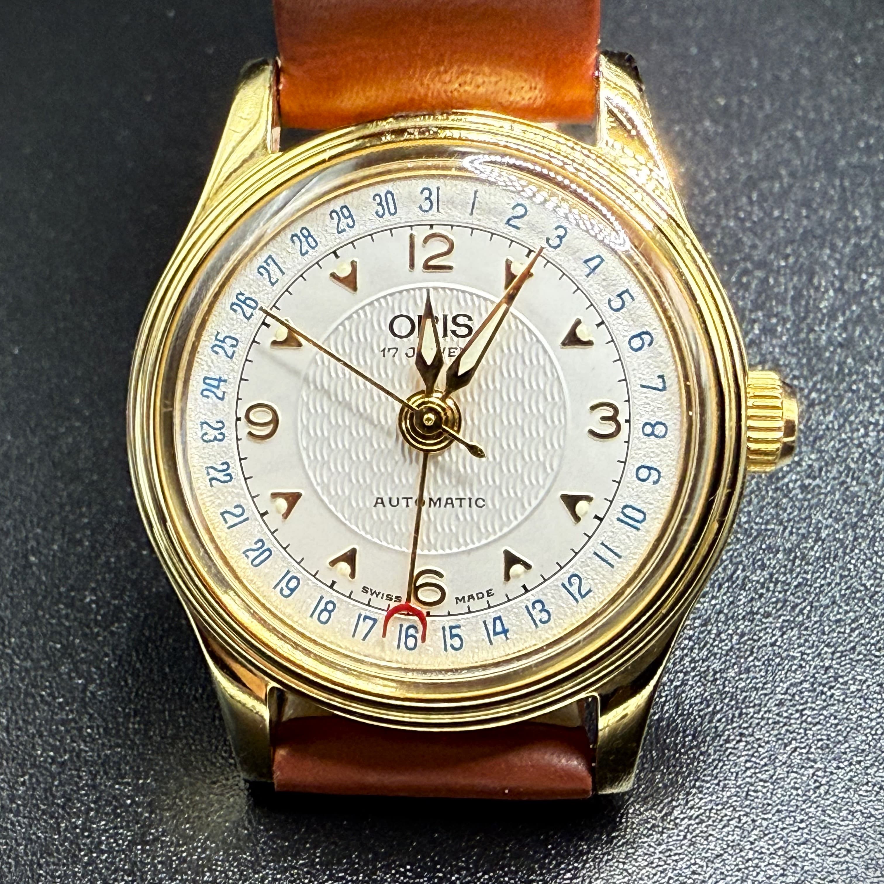 An Oris watch with a pointer date complication